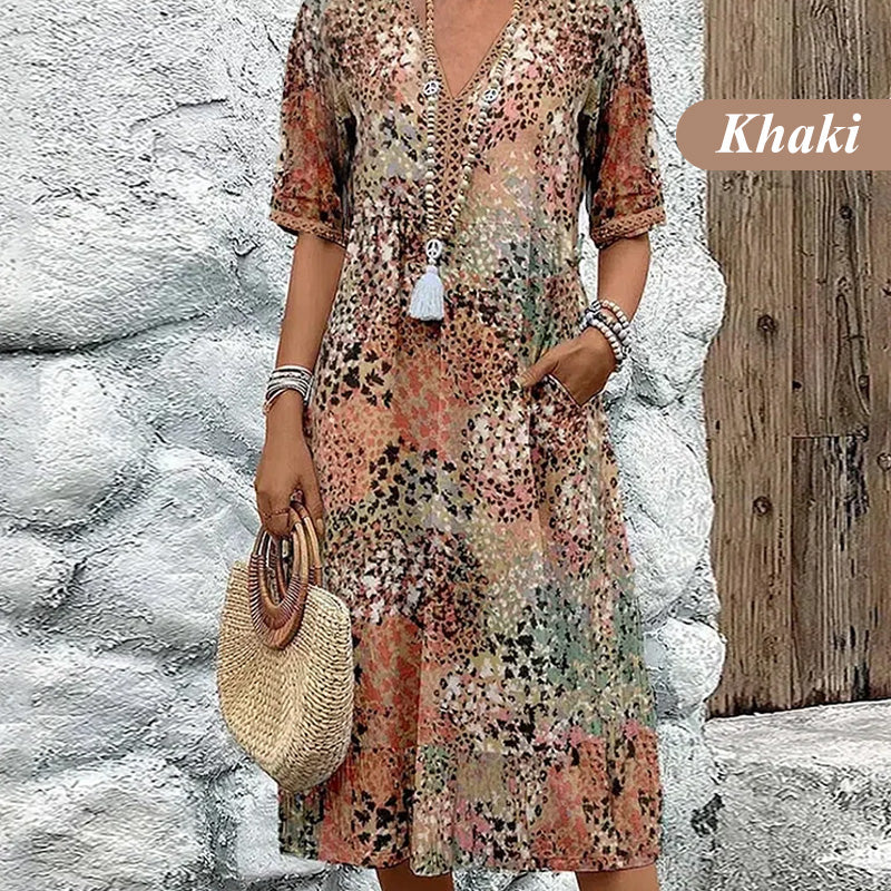 🎁Letzter Tag Hot Sale 50% Rabatt💃Bedrucktes Midikleid mit V-Ausschnitt für Damen