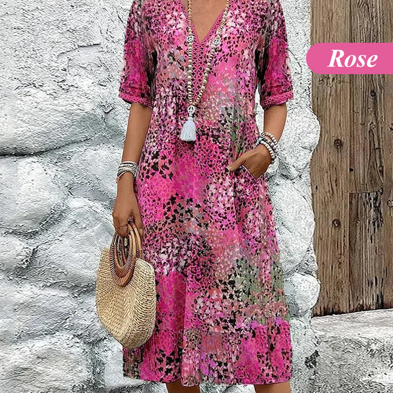 🎁Letzter Tag Hot Sale 50% Rabatt💃Bedrucktes Midikleid mit V-Ausschnitt für Damen