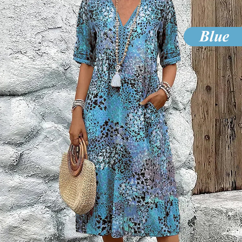 🎁Letzter Tag Hot Sale 50% Rabatt💃Bedrucktes Midikleid mit V-Ausschnitt für Damen