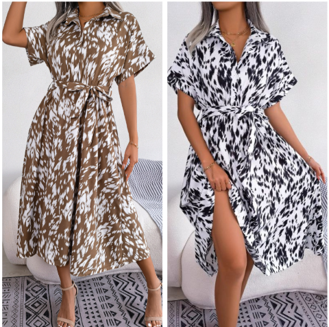 Langes Hemdkleid mit Leopardenmuster und V-Ausschnitt und Revers für Damen