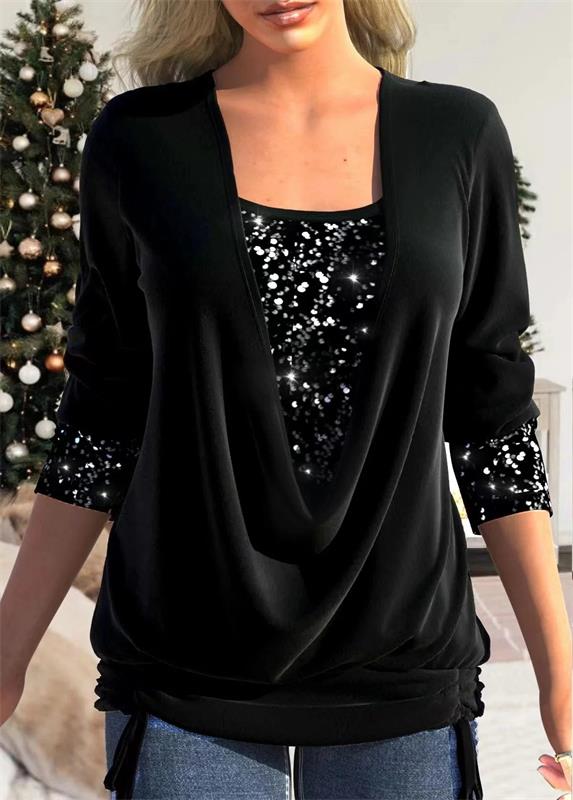 Im Winter für begrenzte Zeit zum halben Preis 🔥 Zweiteiliges, locker sitzendes, getäfeltes Pailletten-Top 🥰