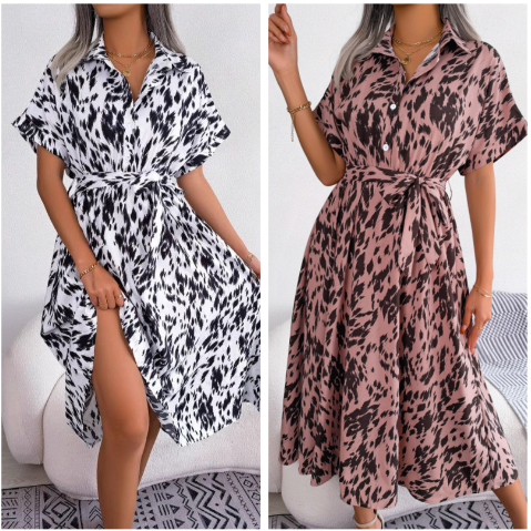 Langes Hemdkleid mit Leopardenmuster und V-Ausschnitt und Revers für Damen