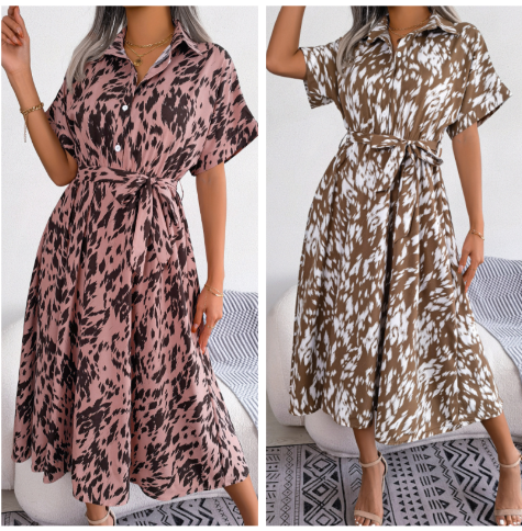 Langes Hemdkleid mit Leopardenmuster und V-Ausschnitt und Revers für Damen