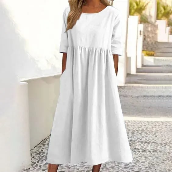 🌸🌸Frauen gelegentlich grundlegender Outdoor -Crew -Nahrung Taschenpocket Smocked Baumwollkleid