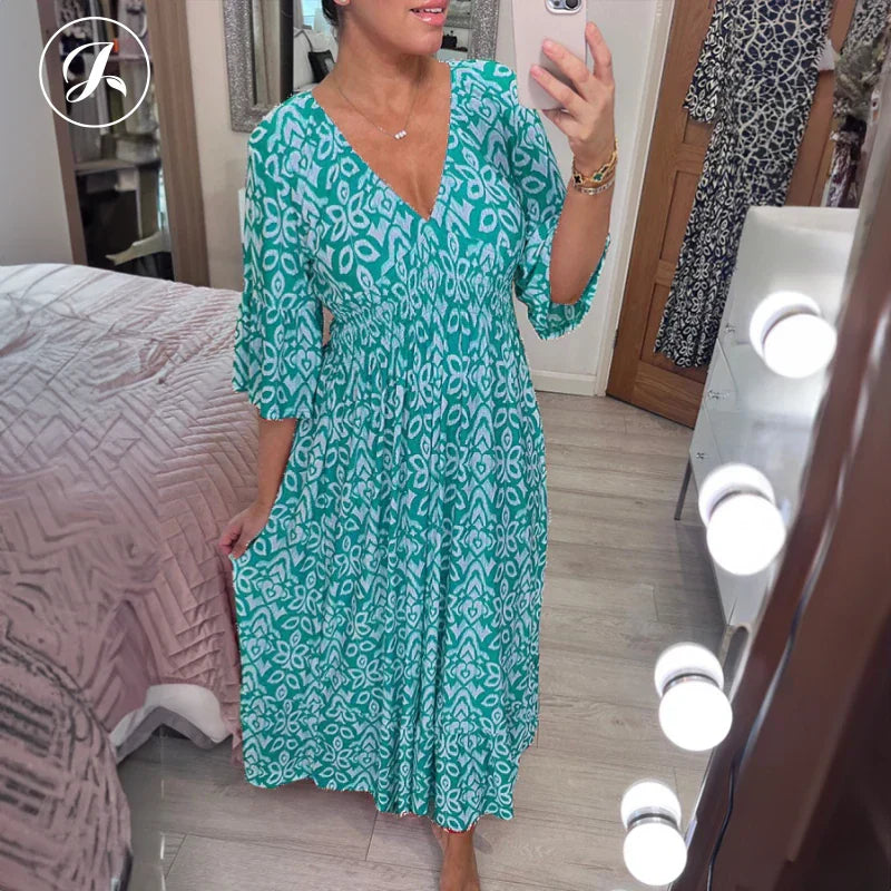 🎁Letzter Tag Hot Sale 50% Rabatt💃Bohemian Vintage V-Ausschnitt Floral Lässige Lange Kleider