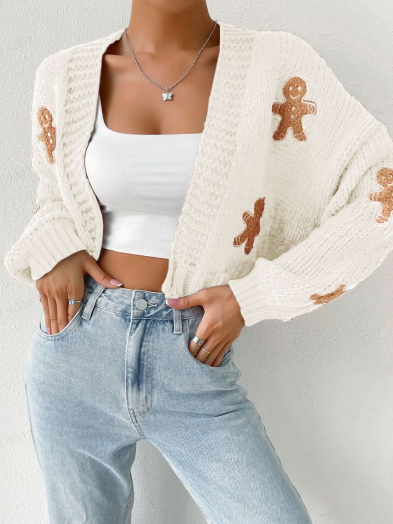 Kurze Strickjacke mit Cartoon-Print und hängenden Schultern für Damen