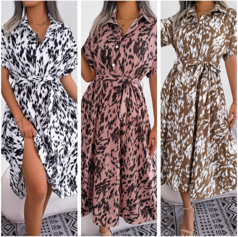 Langes Hemdkleid mit Leopardenmuster und V-Ausschnitt und Revers für Damen