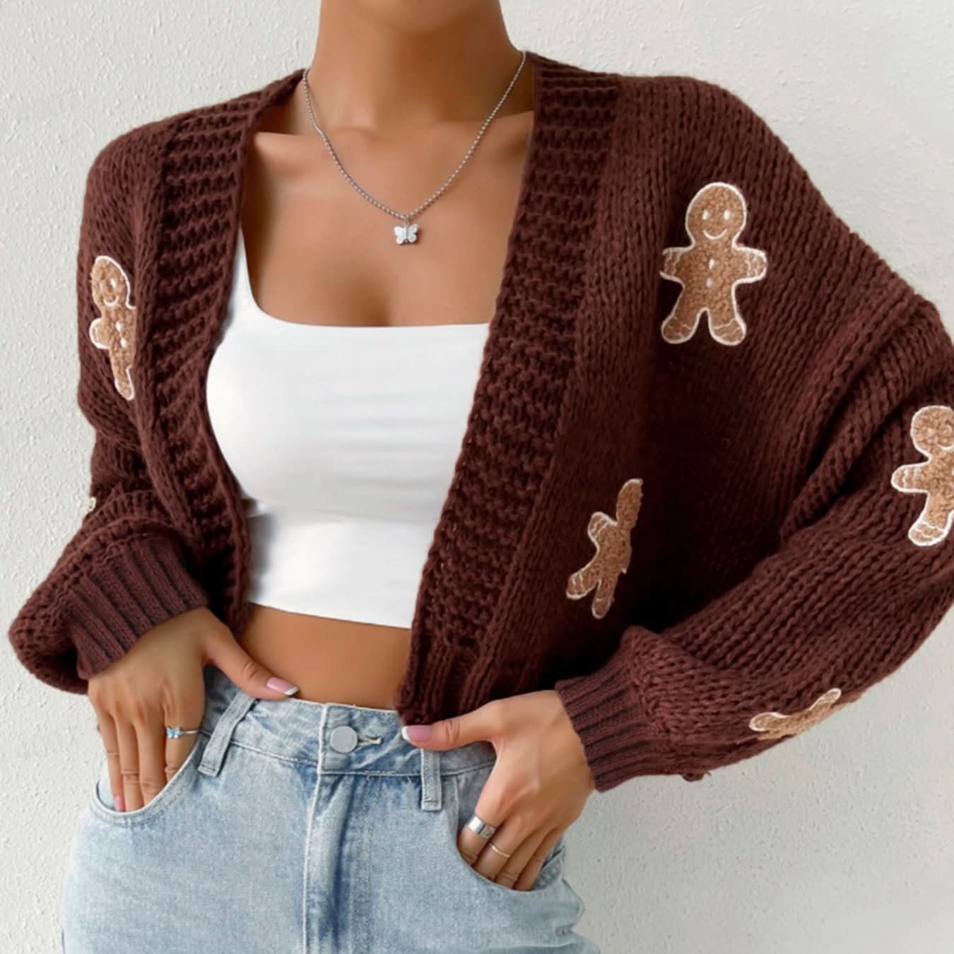 Kurze Strickjacke mit Cartoon-Print und hängenden Schultern für Damen