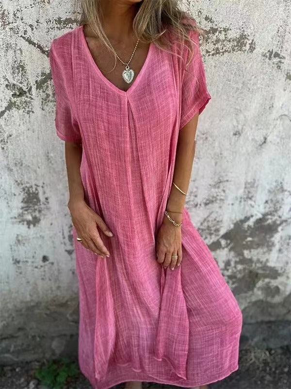 ⏳Begrenzte Zeit 50% Rabatt💥Lässiges Baumwoll-Leinen-Kleid mit V-Ausschnitt für Frauen