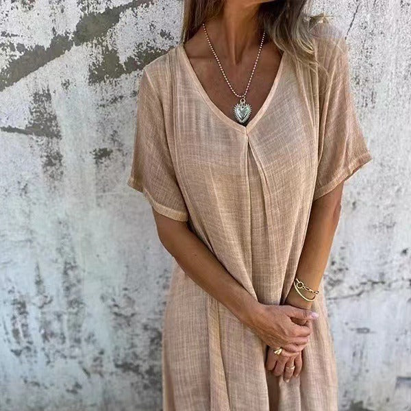 ⏳Begrenzte Zeit 50% Rabatt💥Lässiges Baumwoll-Leinen-Kleid mit V-Ausschnitt für Frauen
