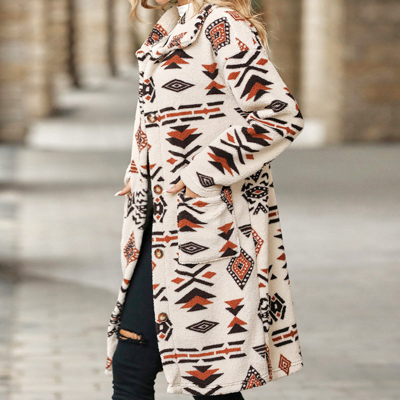 50% Rabatt🔥 Langärmliger Button-Down-Mantel mit Revers-Print für Damen