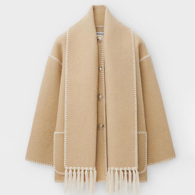 🧣Ladies' tweed coat with tassel scarf