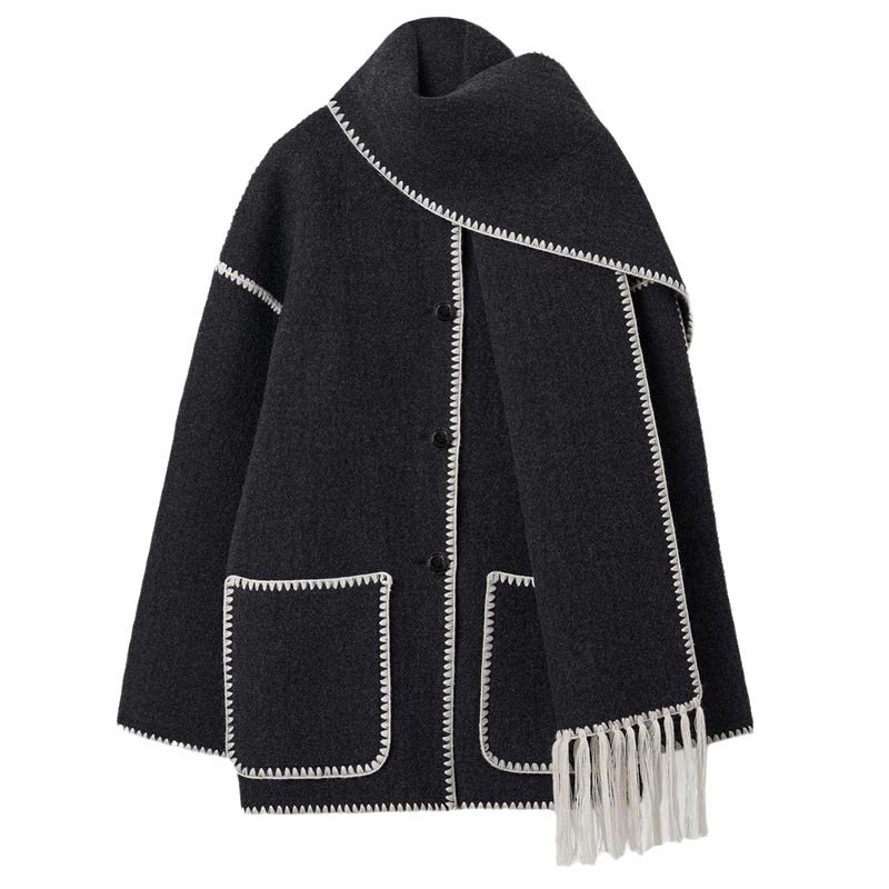 🧣Ladies' tweed coat with tassel scarf