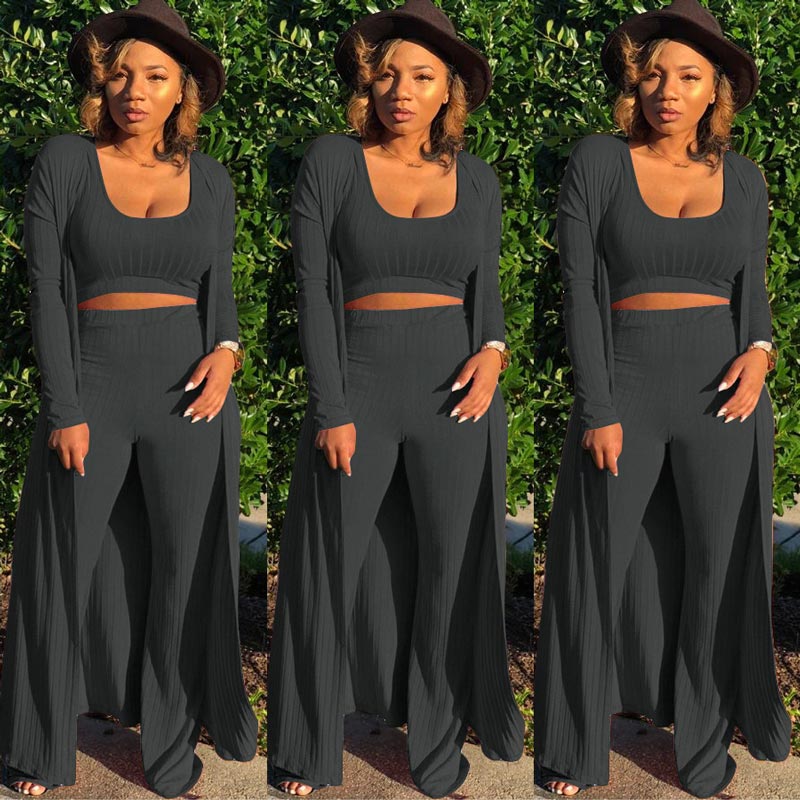 Gestricktes Stretch-Tanktop, Leggings mit hoher Taille und lange Strickjacke für Frauen, 3-teiliges Set