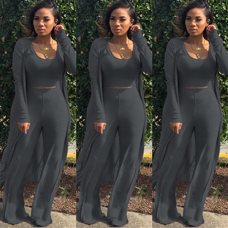 Gestricktes Stretch-Tanktop, Leggings mit hoher Taille und lange Strickjacke für Frauen, 3-teiliges Set