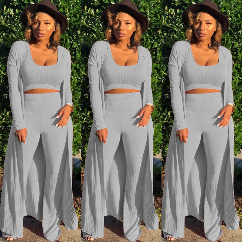 Gestricktes Stretch-Tanktop, Leggings mit hoher Taille und lange Strickjacke für Frauen, 3-teiliges Set