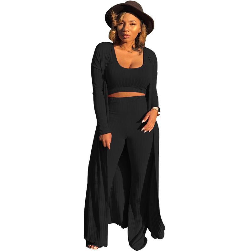Gestricktes Stretch-Tanktop, Leggings mit hoher Taille und lange Strickjacke für Frauen, 3-teiliges Set