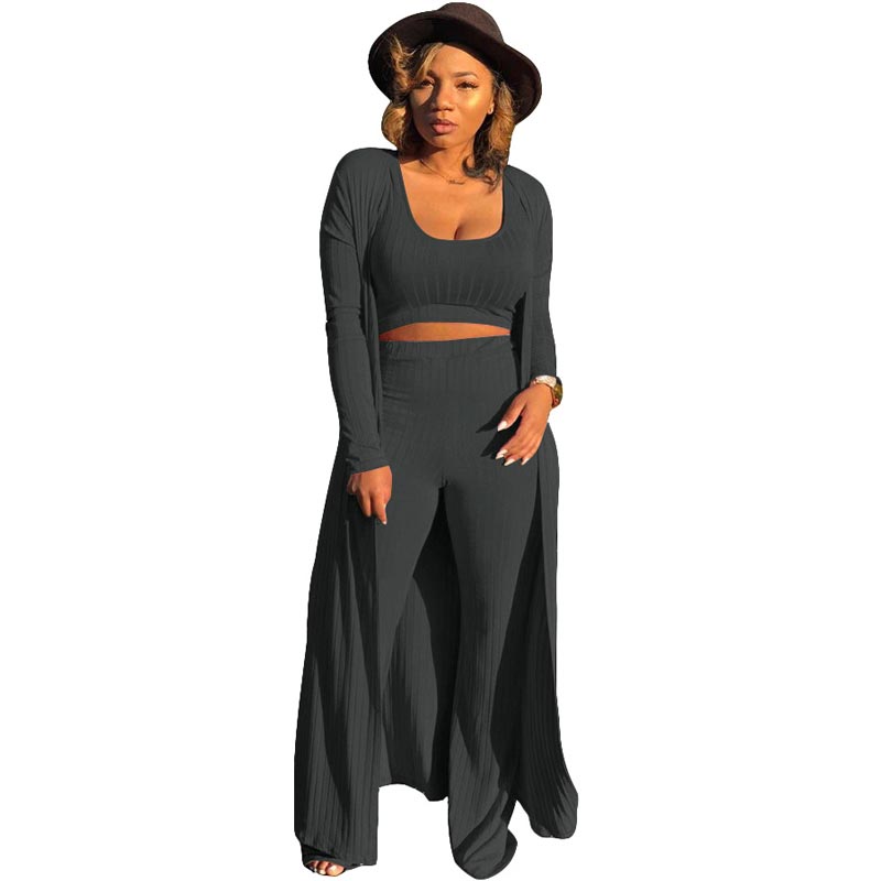 Gestricktes Stretch-Tanktop, Leggings mit hoher Taille und lange Strickjacke für Frauen, 3-teiliges Set