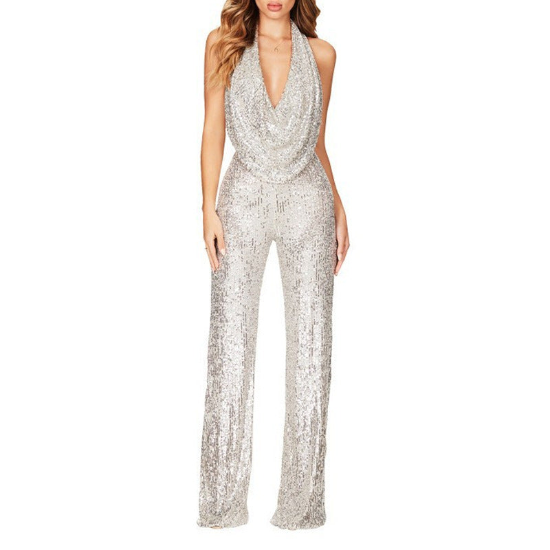 Sexy, glitzernder Neckholder-Jumpsuit für Damen mit schmalem Schnitt