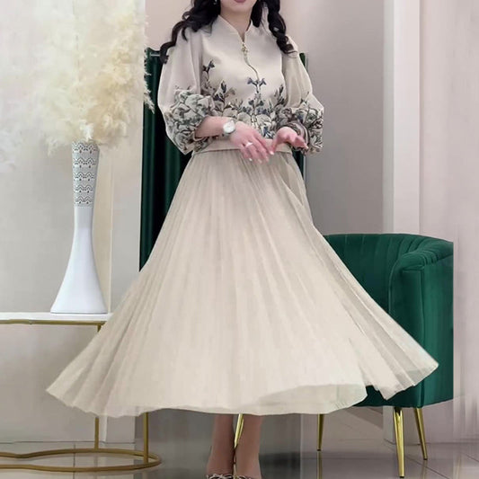 ✨Neu eingetroffen🎁2-teiliges Set aus Jacke mit Blumenmuster und langem Faltenrock für Damen