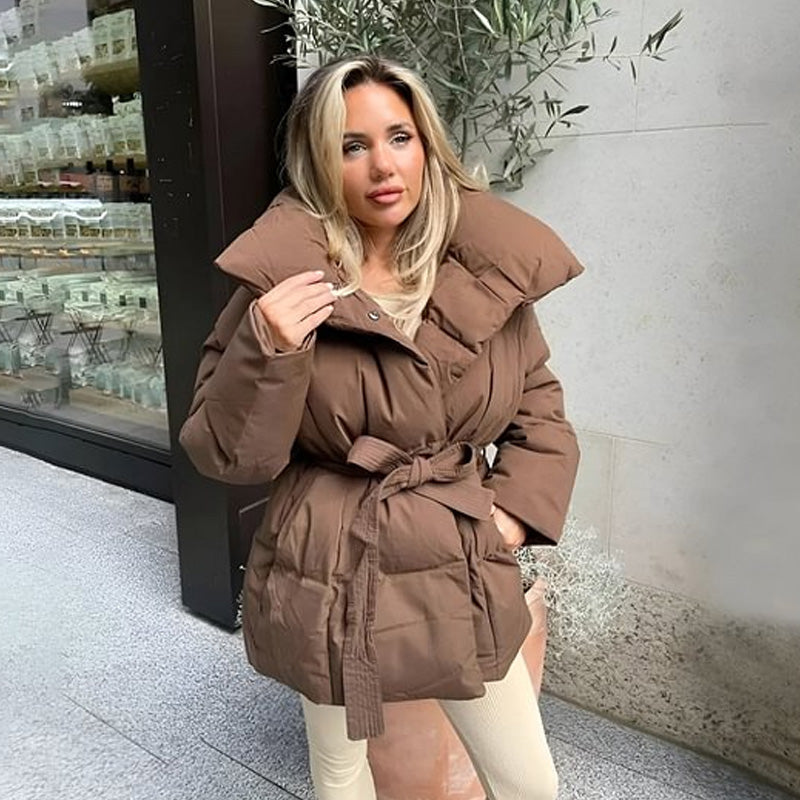 ❄️Heißer Winterschlussverkauf❄️Stylische einfarbige Pufferjacke mit Gürtel für Damen