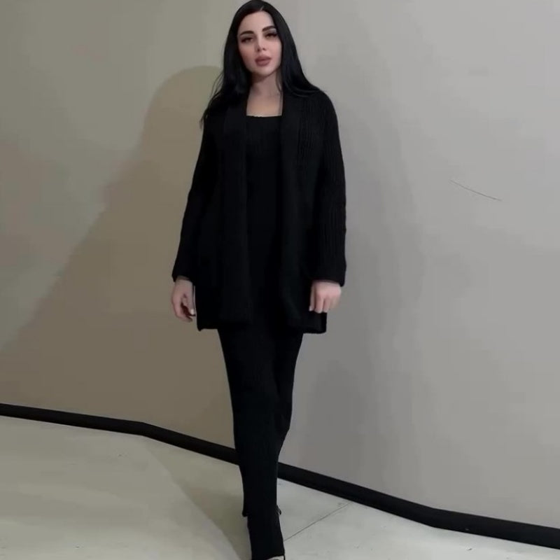 Damen-Set aus einfarbigem Strickpullover mit Knöpfen und langem Rock