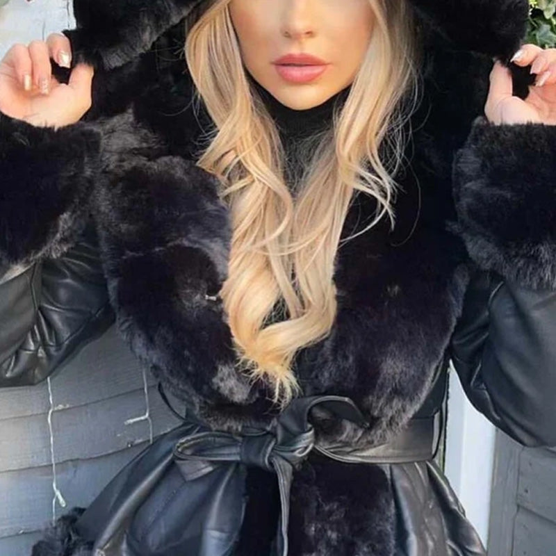 Women's Hooded Patchwork Lapel Warm Jacket