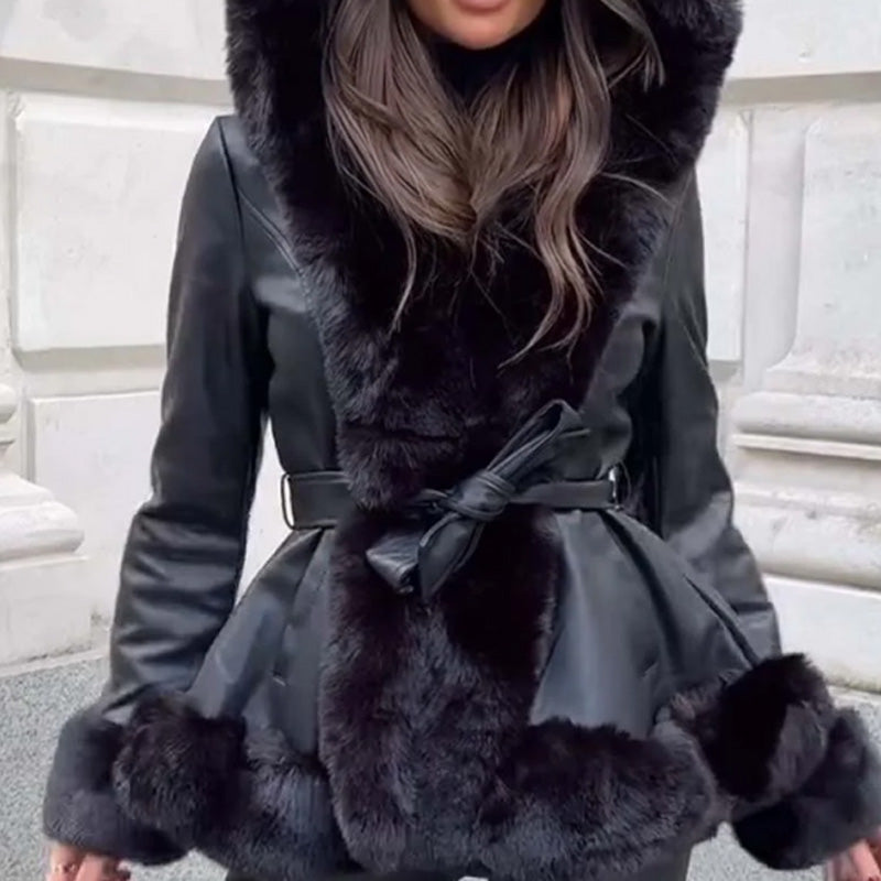 Women's Hooded Patchwork Lapel Warm Jacket