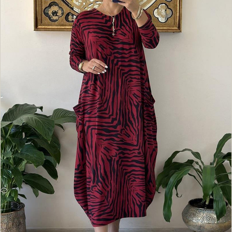 Lässiges modisches Kleid mit Zebramuster und Taschen für Damen
