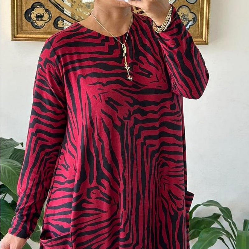 Lässiges modisches Kleid mit Zebramuster und Taschen für Damen