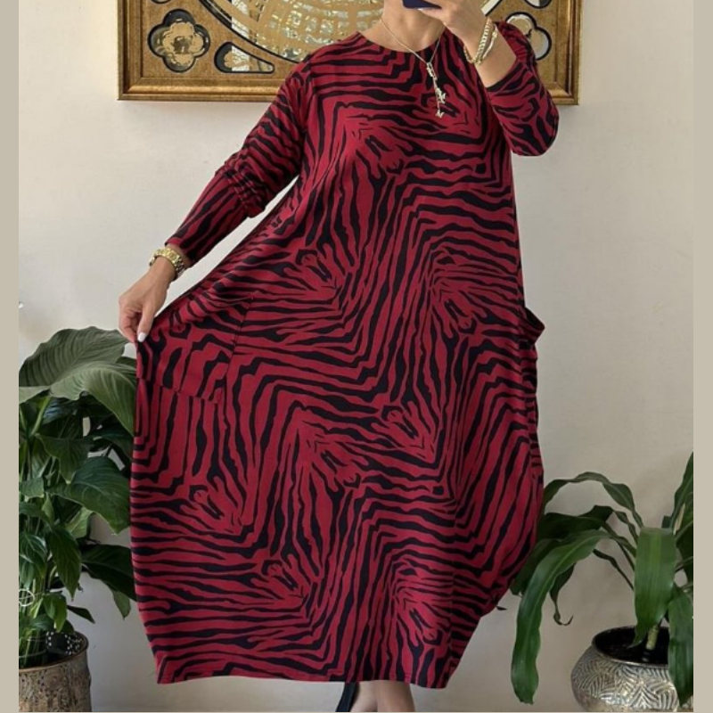 Lässiges modisches Kleid mit Zebramuster und Taschen für Damen