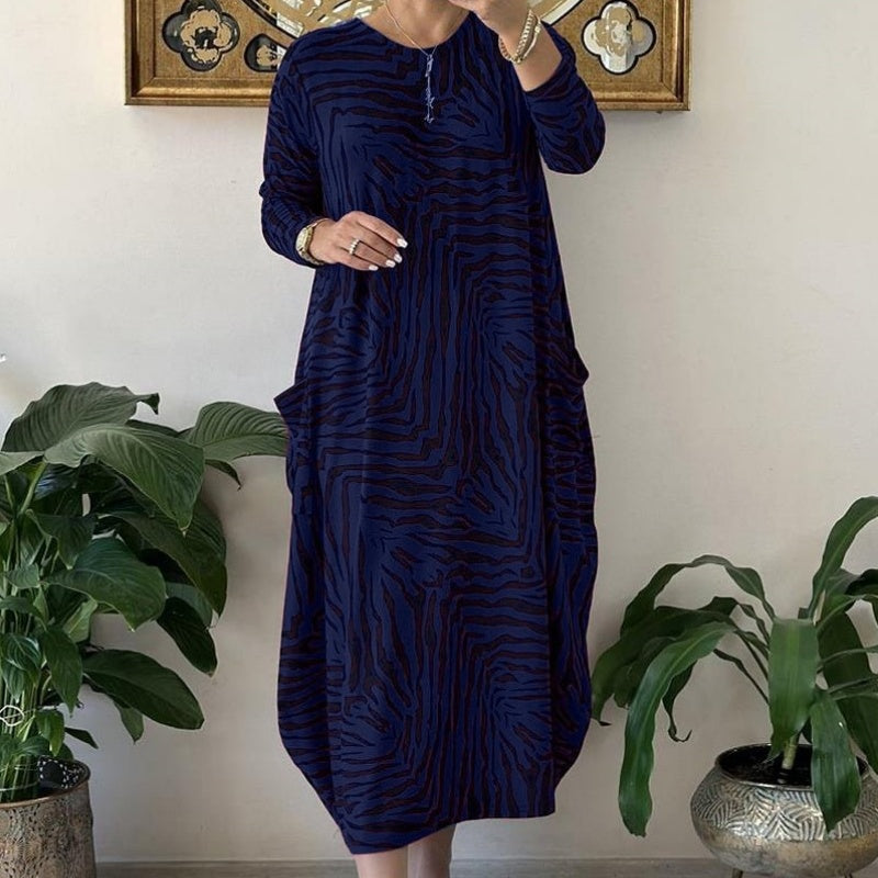 Lässiges modisches Kleid mit Zebramuster und Taschen für Damen