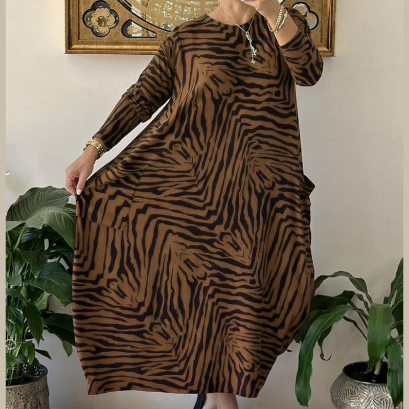 Lässiges modisches Kleid mit Zebramuster und Taschen für Damen