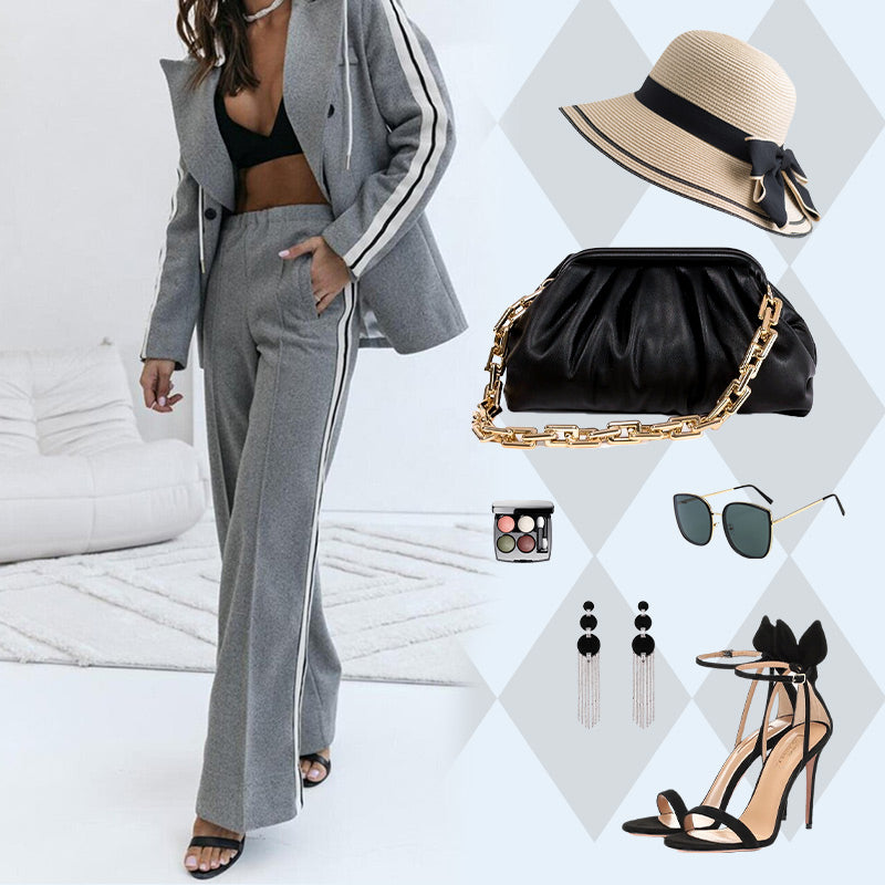 Lässiges 2-teiliges Damen-Set aus grauem Blazer-Oberteil und weiten Hosen
