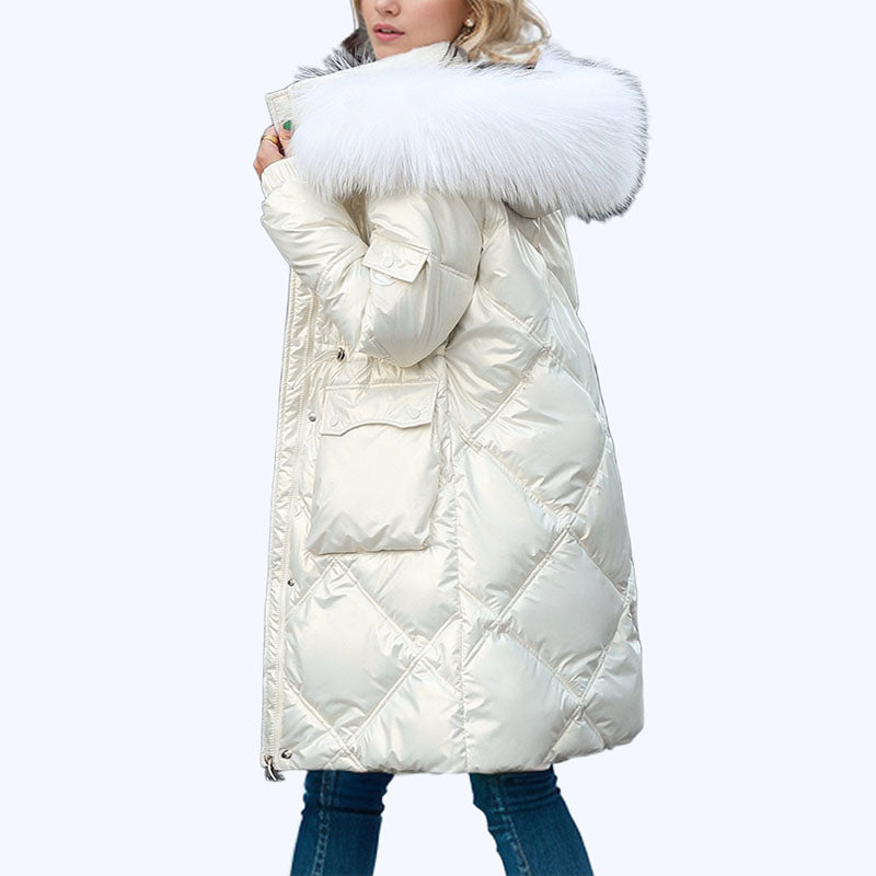 Glänzender gesteppter Damen-Wintermantel mit Kunstpelzbesatz an der Kapuze