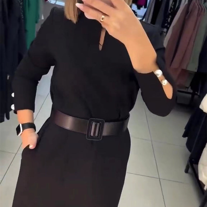 🖤Elegantes einfarbiges Damenkleid mit Gürtel