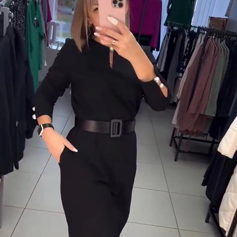 🖤Elegantes einfarbiges Damenkleid mit Gürtel