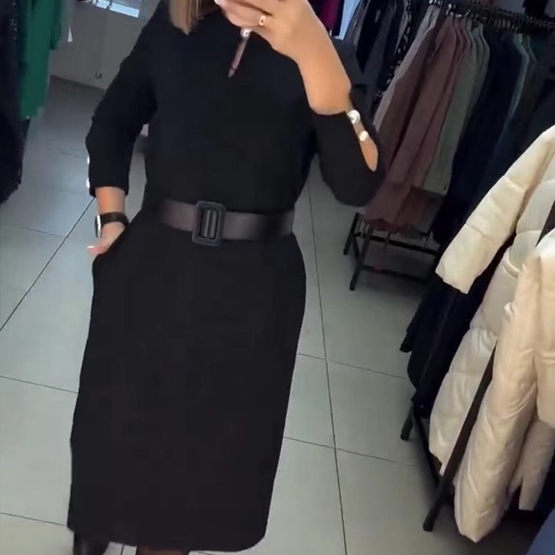 🖤Elegantes einfarbiges Damenkleid mit Gürtel