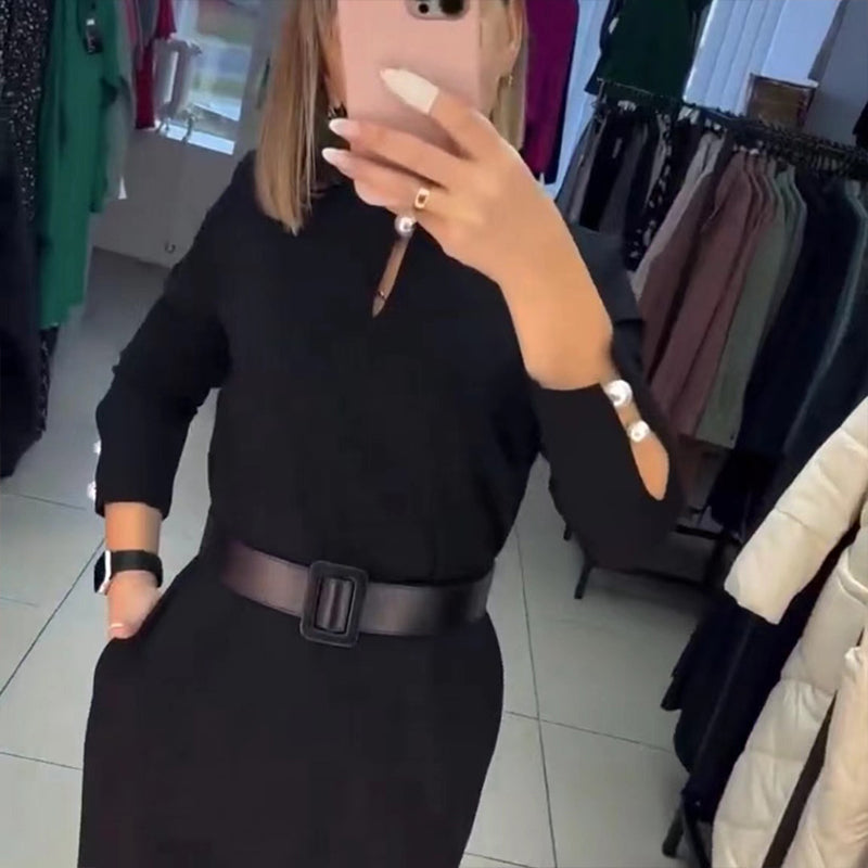 🖤Elegantes einfarbiges Damenkleid mit Gürtel