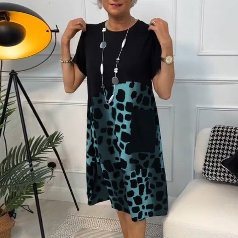 🔥Sommer-Specials💪Lockeres, bedrucktes Kleid mit Rundhalsausschnitt und kurzen Ärmeln