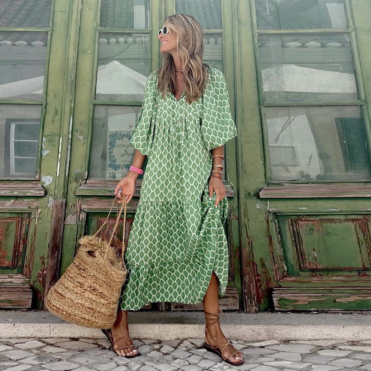 👗Elegantes Boho Maxikleid mit Puffärmeln und Blumenmuster