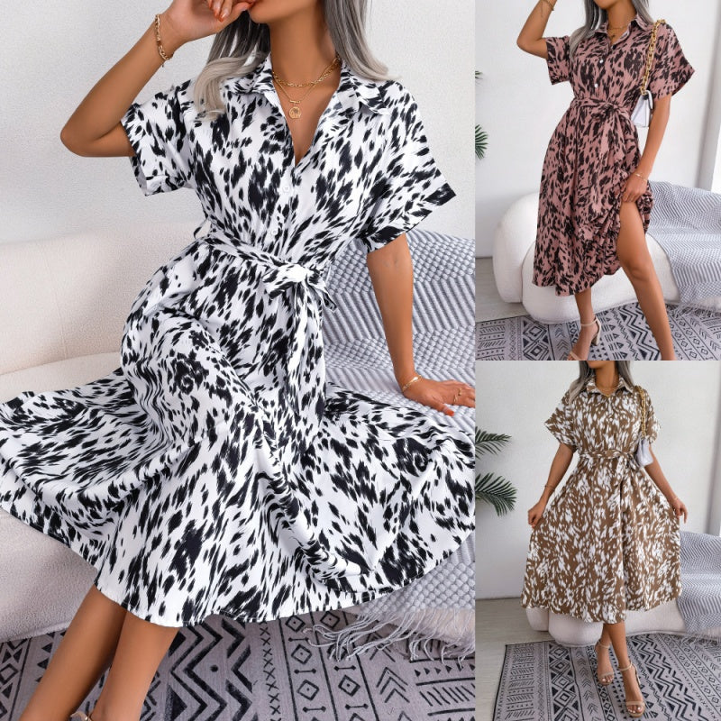 Langes Hemdkleid mit Leopardenmuster und V-Ausschnitt und Revers für Damen