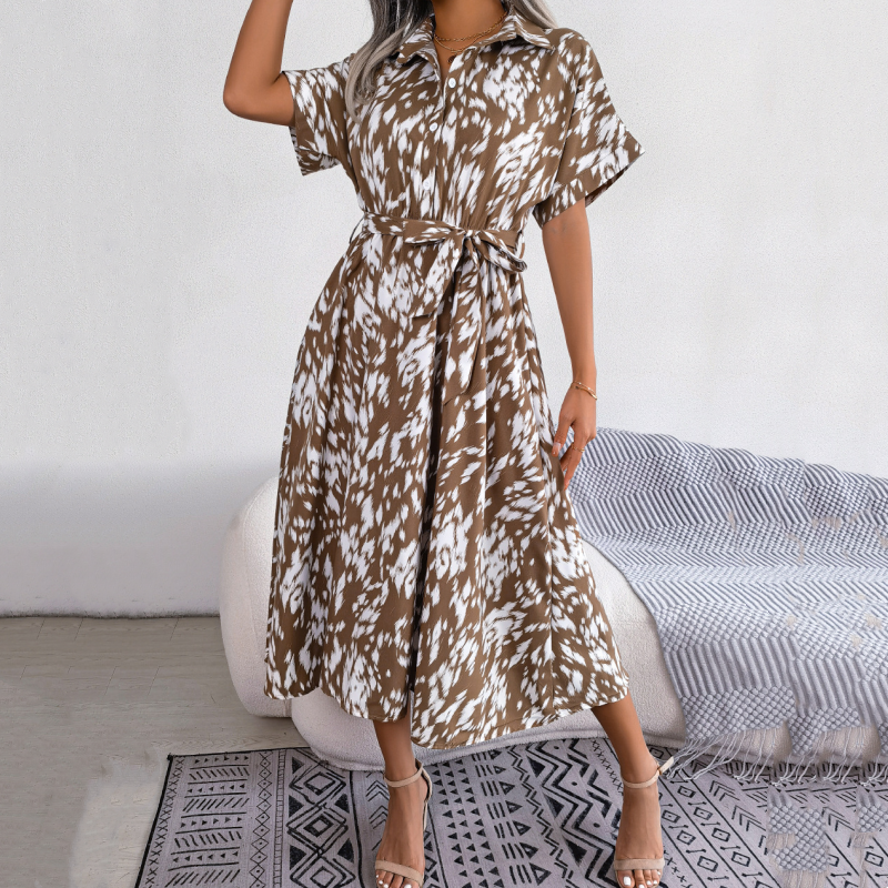 Langes Hemdkleid mit Leopardenmuster und V-Ausschnitt und Revers für Damen