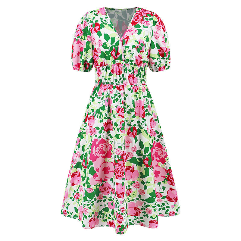 Damen V-Ausschnitt Bedrucktes Freizeitkleid