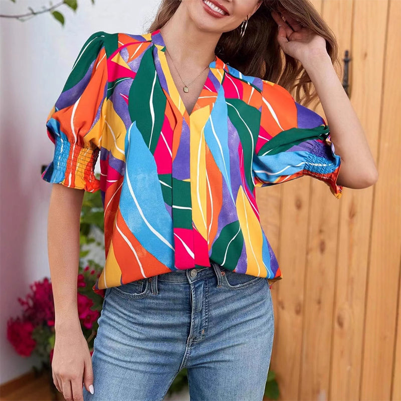 đ¸Bluse mit Blumenmuster und Puffärmeln und V-Ausschnitt fĂźr Damen