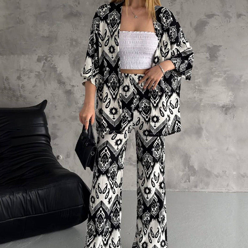 đ„Gedruckte mittlere Ahnung Cardigan & Trendy Wide-Bein-Hosen zweiteiliger Setđ„