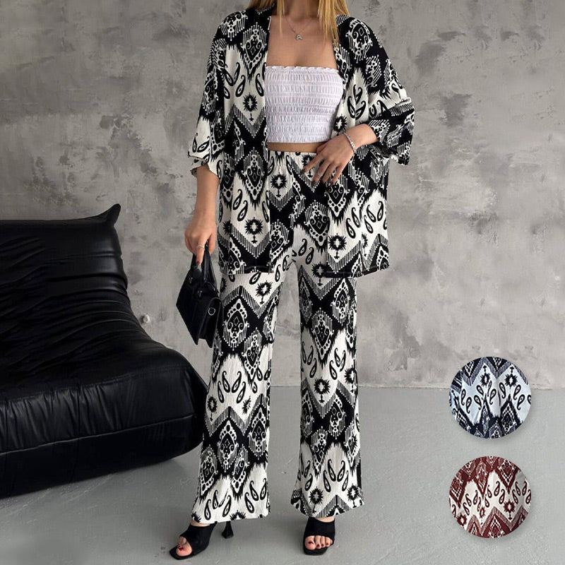 đ„Gedruckte mittlere Ahnung Cardigan & Trendy Wide-Bein-Hosen zweiteiliger Setđ„