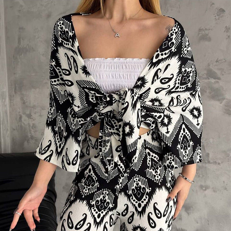 đ„Gedruckte mittlere Ahnung Cardigan & Trendy Wide-Bein-Hosen zweiteiliger Setđ„