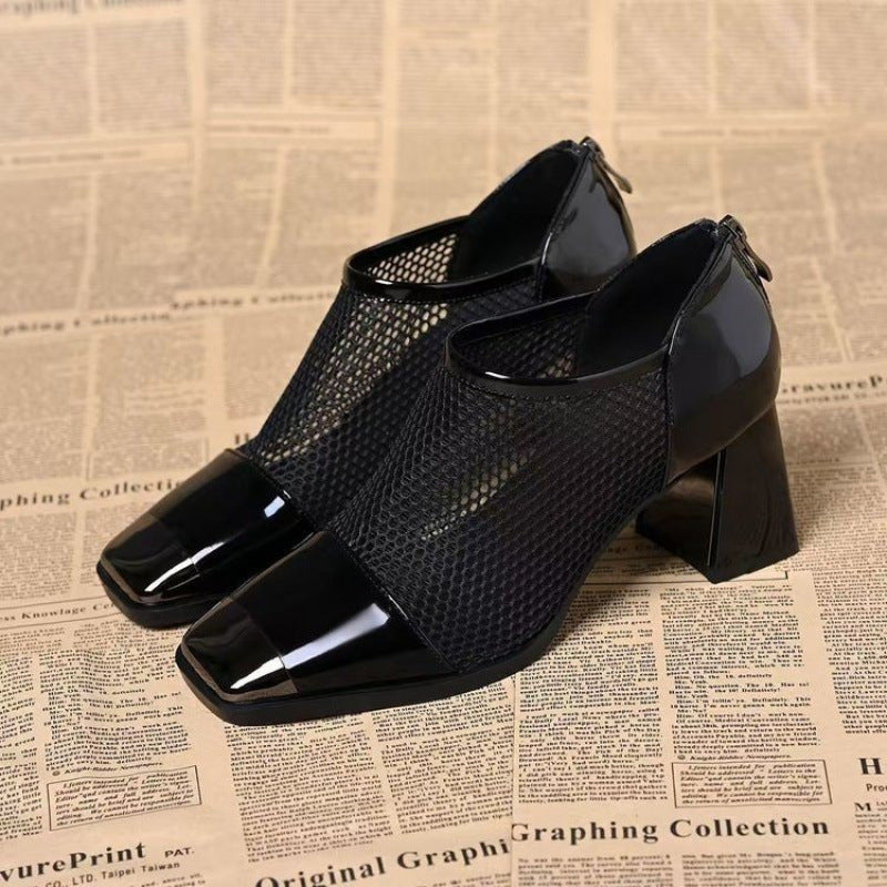 Frauen modische hundert Mesh klobige Fersenquadrat -Zehenschuhe👞