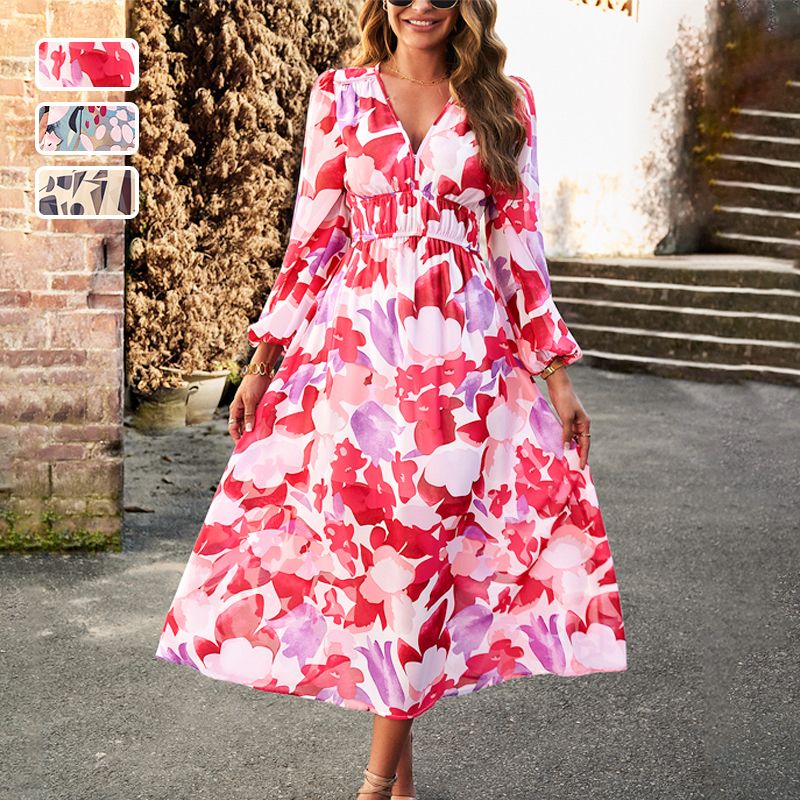 đ„Bedrucktes lĂ€ssiges Boho-Kleid mit V-Ausschnitt fĂŒr Frauenđ„